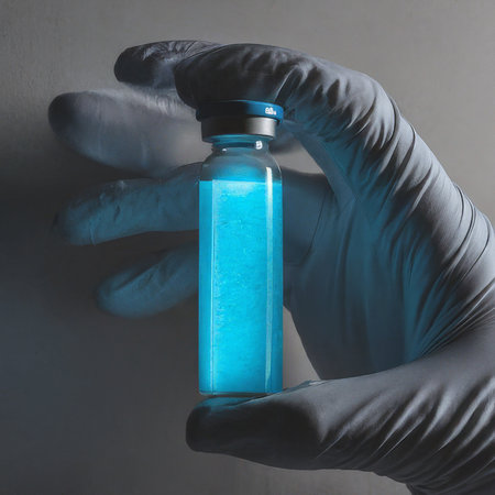 medical vaccine and syringe in hand, coronavirus concept.の素材