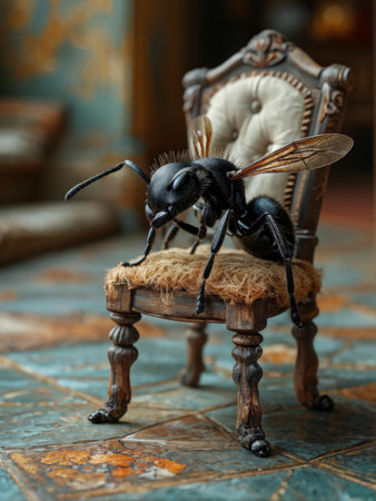 black beetle on old wooden chair.の素材
