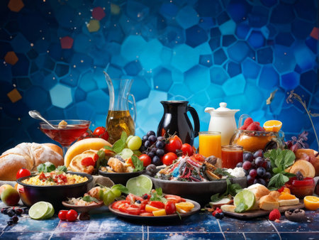 food and drink on a blue background.の素材