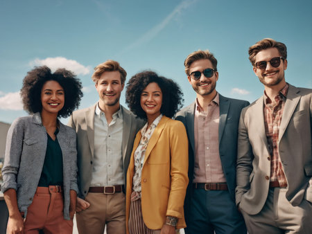 group of happy business people standing outdoorsの素材