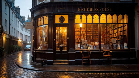 a vertical shot of street with books and people in the eveningの素材