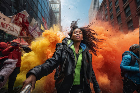 a girl with backpack on the background of streets streetの素材