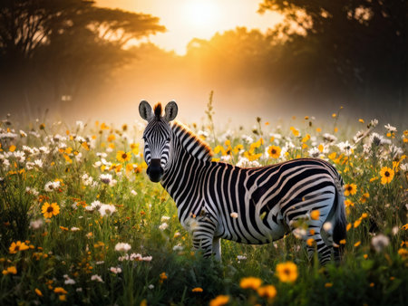 a giraffe on the field at sunsetの素材