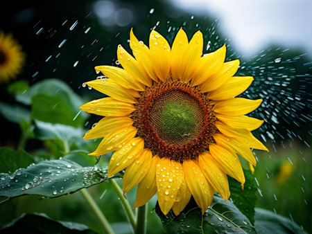 sunflower with raindrops on a blurred backgroundの素材