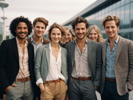 business people standing in front of a group young city.の素材