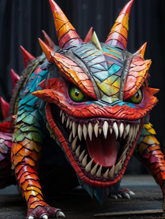 close up of a red and white dragonの素材