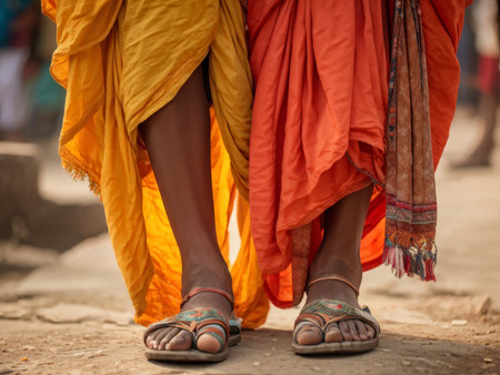 young indian woman in traditional clothes standing on the stepsの素材