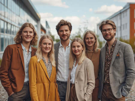 portrait of smiling friends standing in officeの素材