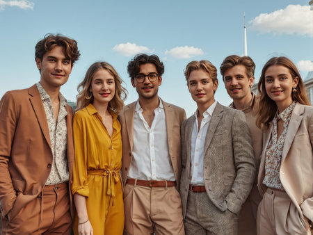 portrait of smiling young people standing in rowの素材