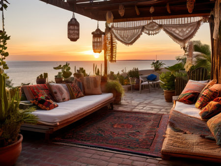 view of the terrace hotel with sunset on background mediterranean seaの素材