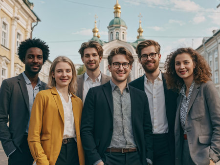 group of smiling business people standing in front modern buildingの素材
