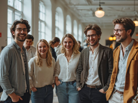 group of young business people standing together in officeの素材