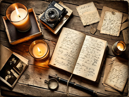 vintage photo album, pen, old camera and a cup of coffee on background wooden wall, books candleの素材
