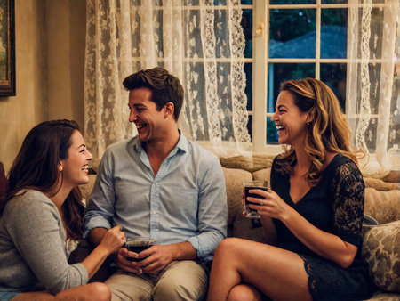 happy couple sitting at home with friends talking together.の素材