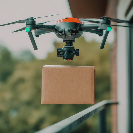 a drone in parcel box with the camera on background of new year's houses year s houseの素材