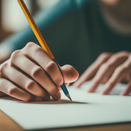 close up of man writing on notebook paperの素材