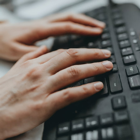 female hands typing on a laptop keyboardの素材