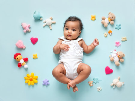 little baby girl playing with toys. top viewの素材