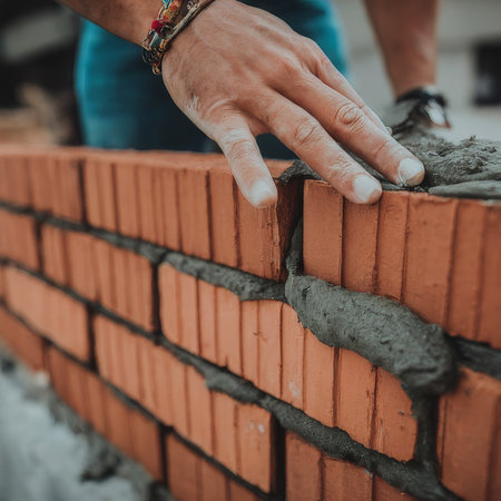 man s hand holding brick wall with a red and white mansの素材