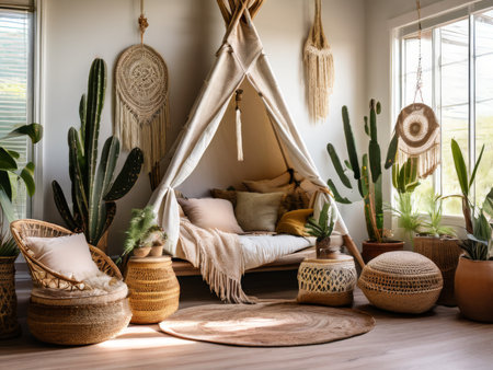 interior design of modern bedroom room with comfortable sofa, cactusの素材