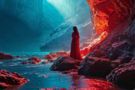 young beautiful woman with red dress in the caveの素材