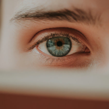 closeup of a young man eye with white lens close upの素材