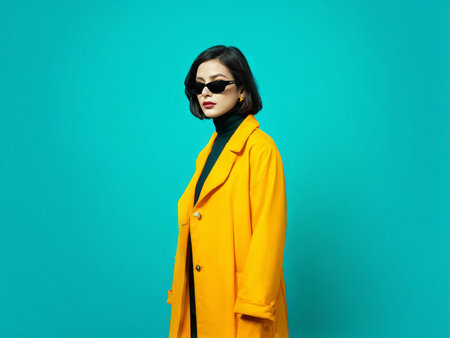 portrait of attractive asian woman wearing sunglasses and coat posing isolated over blue studio backgroundの素材