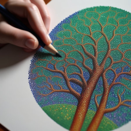 hand painting a tree with brush. on white background, close up.の素材