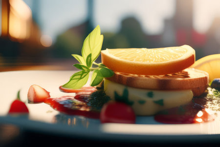 close - up of delicious dessert with fresh berries on a plateの素材