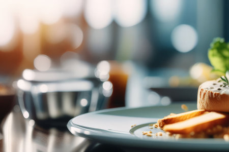 tasty pumpkin pie on plate in cafeの素材