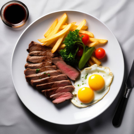 fried chicken steak with vegetables and eggs on a black backgroundの素材