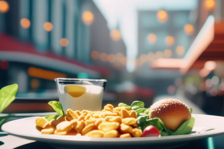 healthy food and breakfast on a table in the city.の素材