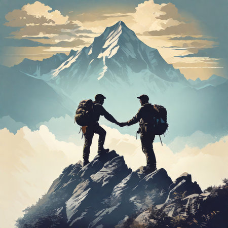 two men hiking in mountainsの素材