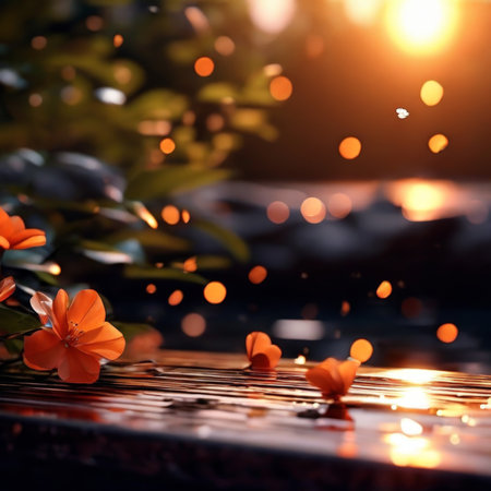 A serene landscape featuring a tranquil lake reflecting the sky and surrounding trees. The warm golden hues of sunset paint the horizon with shades of orange and pink.の素材