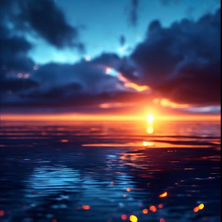 A serene landscape featuring a lush green field with vibrant wildflowers under a clear blue sky. The sun casts warm golden hues over the scene, creating an idyllic and peaceful atmの素材