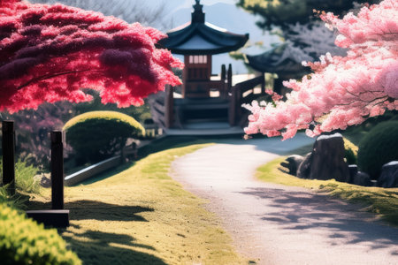 A serene landscape featuring a tranquil lake surrounded by lush greenery and towering mountains in the distance. The image features strong visual details, balanced composition, andの素材