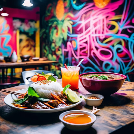 asian food with rice noodles and chickenの素材