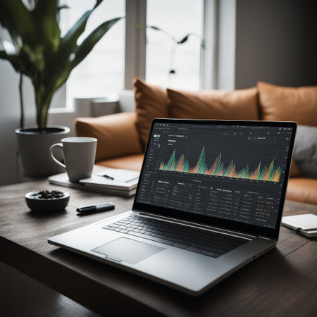 modern workplace with laptop, stock market trading chart and graphs, conceptの素材