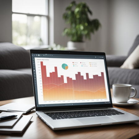 Modern laptop with graphs and charts on screen . Workplace concept modern workplaceの素材
