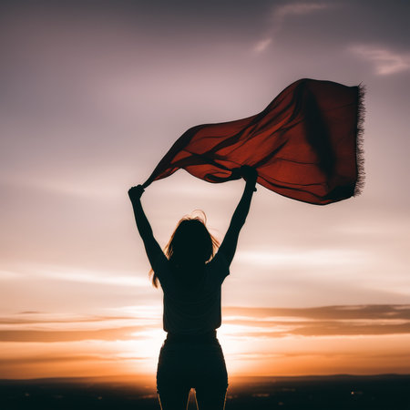 A serene landscape featuring a lush green field with vibrant wildflowers under a clear blue sky. The sun casts warm golden hues over the scene, creating an idyllic and peaceful atmの素材