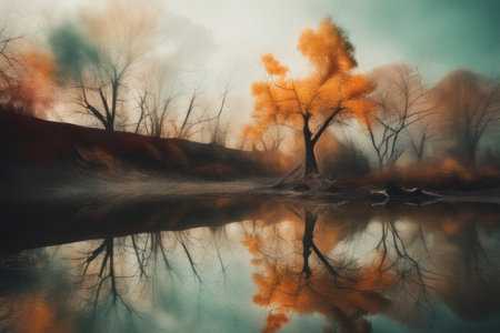 beautiful autumn landscape with trees and lake reflectionsの素材