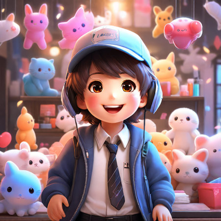 cute boy in a blue jacket, with cap room 3d rendering of uniform backpack and hatの素材
