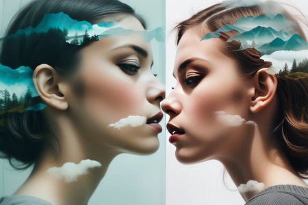 woman in white dress and lips young kissing her faceの素材