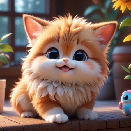 cute fluffy kitten in the garden with a big eyes on wooden table. high quality illustration.の素材