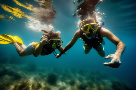 young woman diving with a mask in the sea two girls snorkeling sea.の素材