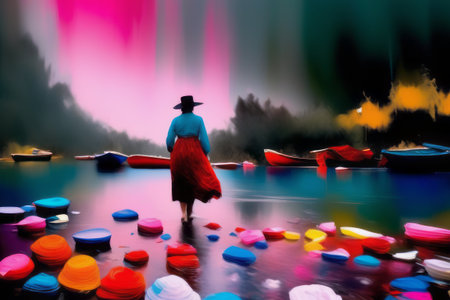 woman painting with umbrella on the lake beautiful in red dress a bag of coffee beachの素材