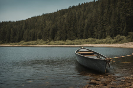 boat on shore in the forest fishing lake.の素材