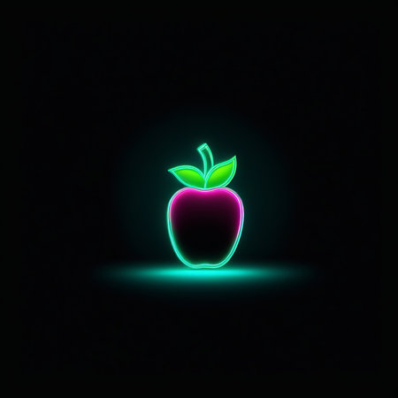 glowing neon apple with leaves. vector illustration icon in sign.の素材