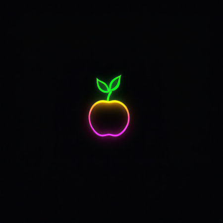 neon glowing apple in the shape of a leaf on black background. backgroundの素材