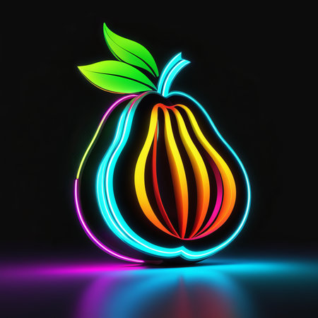 neon glowing pear with leaf lemon icon isolated on black background. vector.の素材
